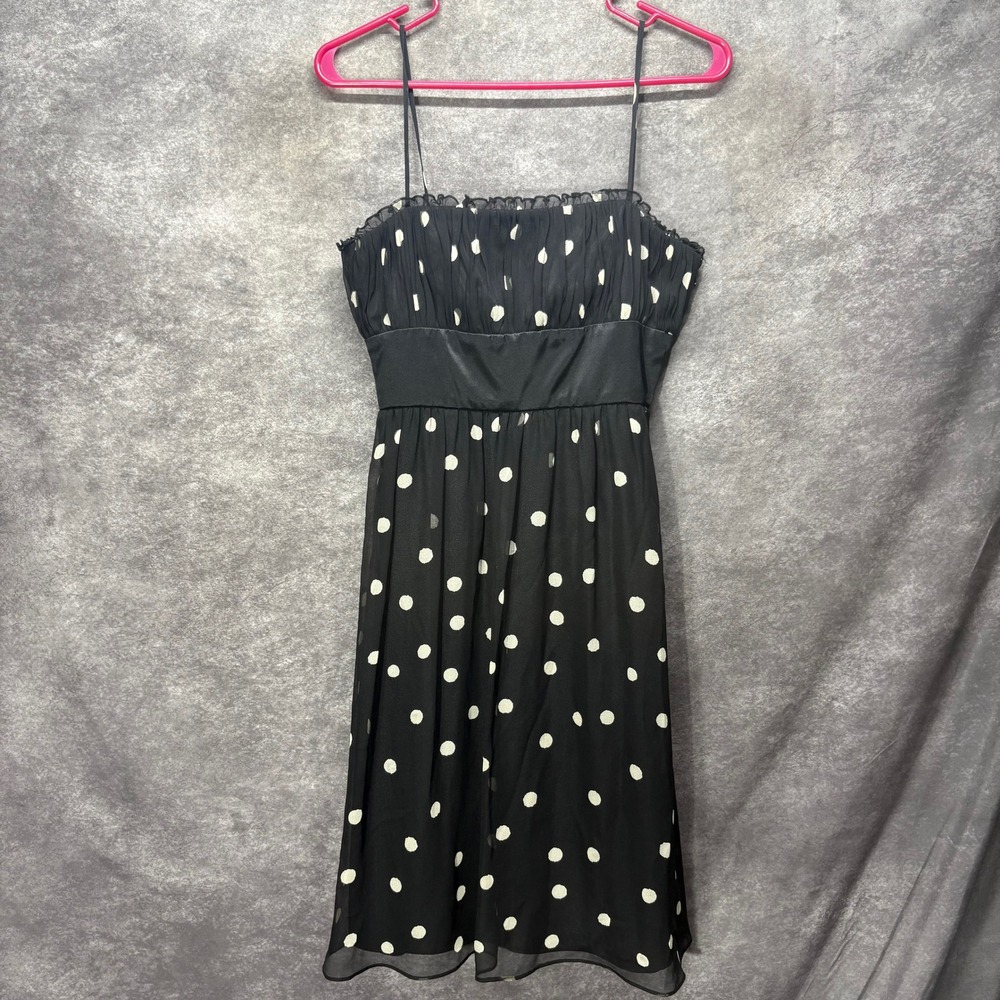 Y2K Nine West Babydoll Slip Dress Size 2 100% Silk Black White Polka Dot Ruffle